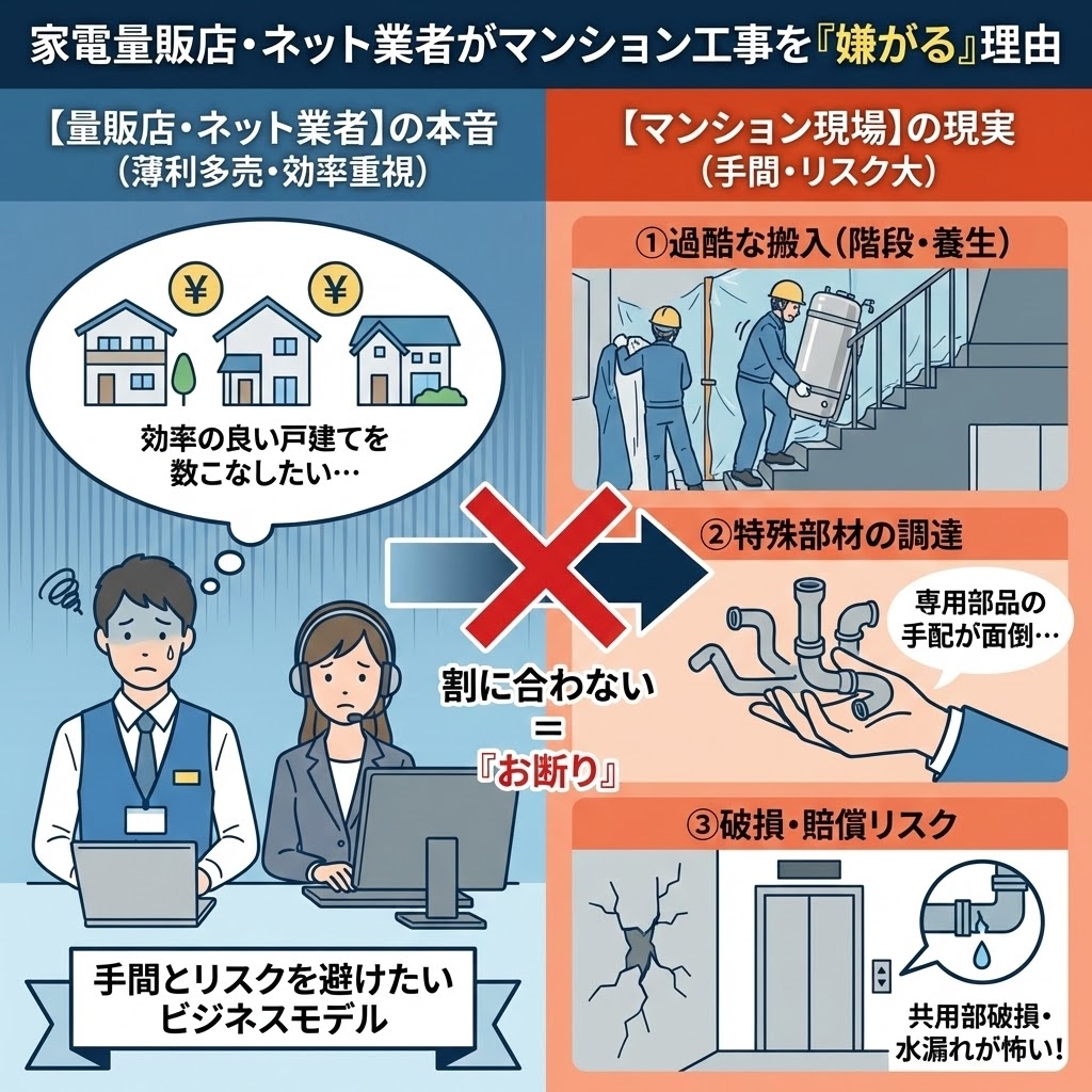 家電量販店やネット業者がマンションのエコキュート交換を断る理由のイメージ図。階段搬入の手間やリスク、薄利多売モデルとの不一致など、工事を敬遠される背景を解説