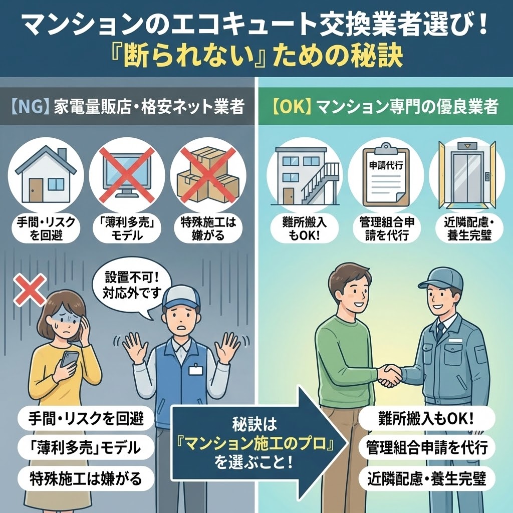 マンションのエコキュート交換で失敗しない業者選びの重要ポイント図解。管理組合への申請代行、近隣への挨拶回り、共用部の徹底した養生など、優良業者を見極めるための条件を解説