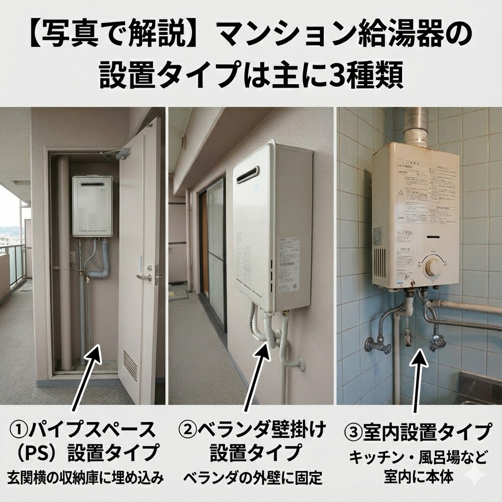 「【写真で解説】マンション給湯器の設置タイプは主に3種類」と題された比較画像。左から、玄関横の収納庫にある「①パイプスペース（PS）設置タイプ」、ベランダの外壁にある「②ベランダ壁掛け設置タイプ」、キッチンや風呂場などにある古い「③室内設置タイプ」の3つの実際の設置事例写真を並べ、それぞれの特徴を矢印とテキストで解説している。