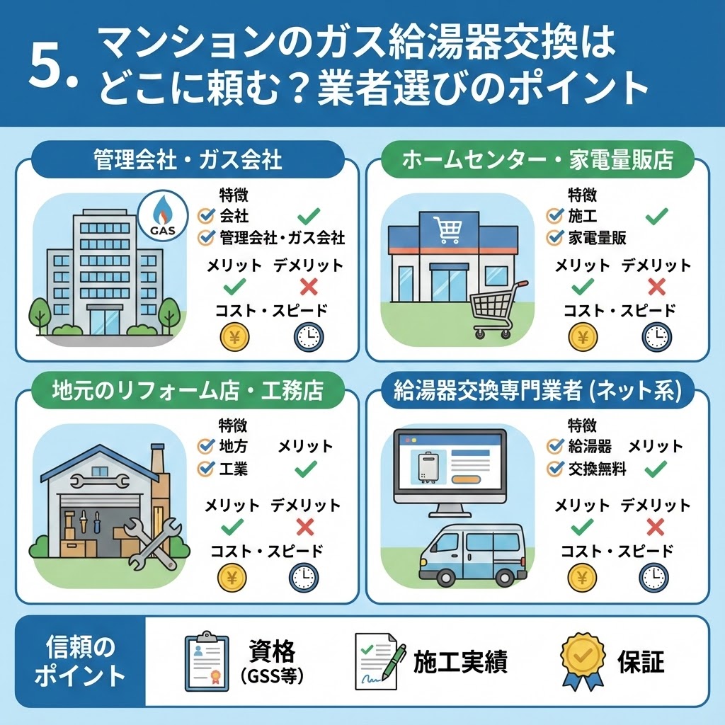 マンションのガス給湯器交換の依頼先4タイプ（管理会社・ガス会社、ホームセンター・家電量販店、地元のリフォーム店・工務店、給湯器交換専門業者（ネット系））の特徴、メリット、デメリット、コスト・スピードを比較した図。さらに、資格（GSS等）、施工実績、保証といった信頼できる業者を選ぶためのチェックポイントも図解している。