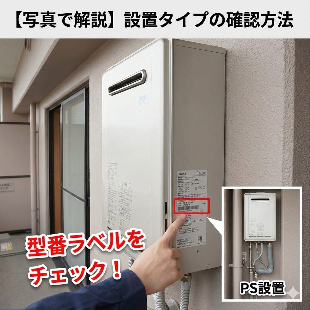 【写真で解説】マンションのガス給湯器設置タイプの確認方法。ベランダ壁掛け型の給湯器の型番ラベルを指で指し示し「型番ラベルをチェック！」と強調している様子と、パイプシャフト（PS設置）内の給湯器の設置例を示す写真。