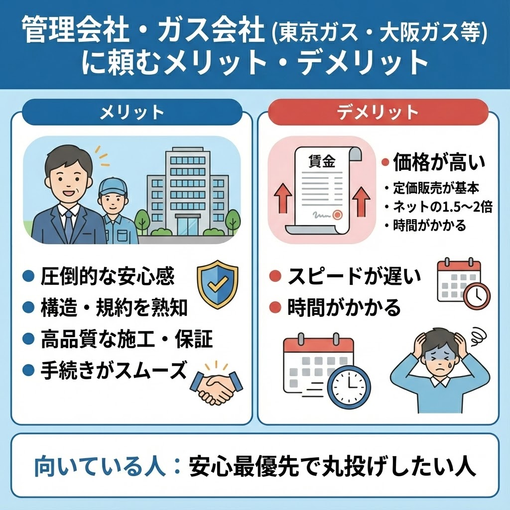 マンションのガス給湯器交換を管理会社・大手ガス会社（東京ガス・大阪ガス等）に依頼した場合のメリットとデメリットを比較したイラスト図解。メリットとして「圧倒的な安心感」「構造・規約を熟知」「高品質な施工・保証」「手続きがスムーズ」な点、デメリットとして「価格が高い（ネットの1.5～2倍）」「スピードが遅い」「時間がかかる」点を挙げ、安心を最優先したい人に向いていると説明している。