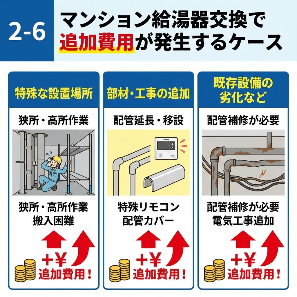 2-6 マンション給湯器交換で追加費用が発生するケースの解説図。特殊な設置場所（狭所・高所作業など）、部材・工事の追加（配管延長、特殊リモコンなど）、既存設備の劣化（配管補修など）の3つの状況において、それぞれ追加費用が発生することをイラストとテキストで図解。