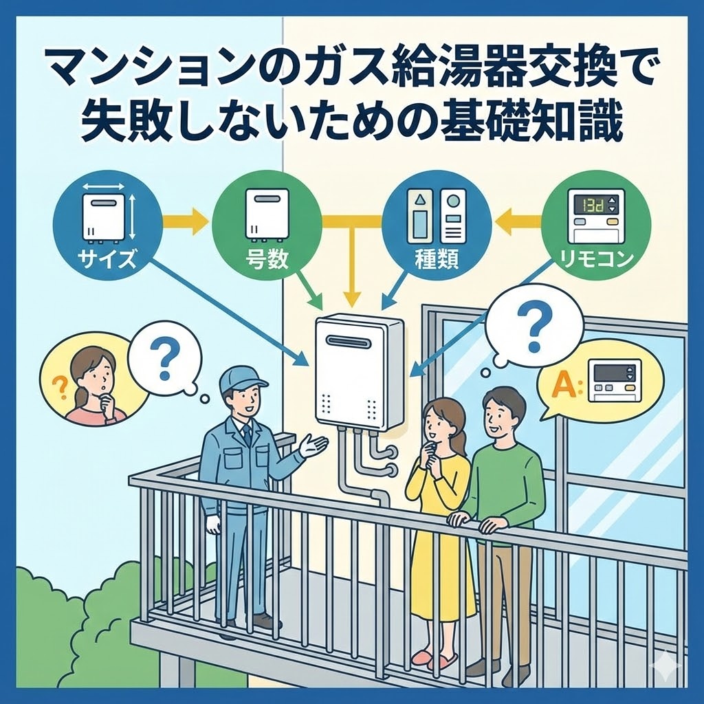 「マンションのガス給湯器交換で失敗しないための基礎知識」というテキストと、専門業者、質問する夫婦、サイズや種類などのアイコンが描かれたイラスト