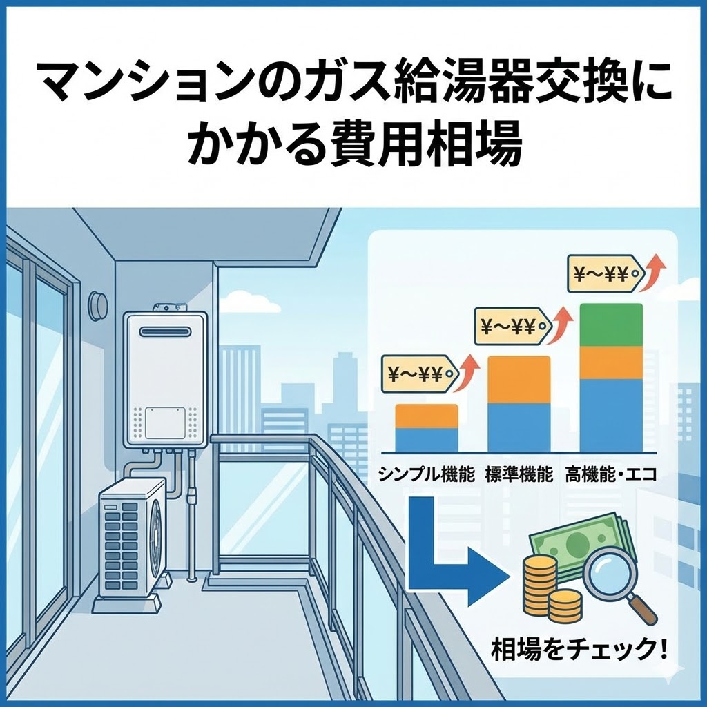 マンションのガス給湯器交換にかかる費用相場を解説するグラフ付きイラスト。ベランダに設置された給湯器と、シンプル機能、標準機能、高機能・エコの各タイプ別の費用目安を示す棒グラフが描かれており、相場をチェックする様子を表現。