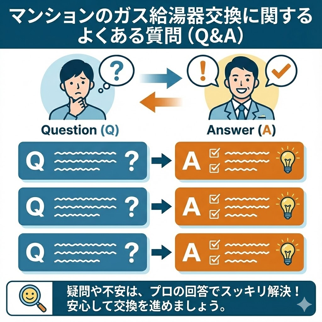 マンションのガス給湯器交換に関するよくある質問（Q&A）の抽象的なイメージイラスト。疑問を持つ人（Q）と、解決策を示すプロ（A）の図が対になり、具体的な質問内容は記載されていないが、複数のQ&Aペアが並んでいる様子が描かれている。疑問や不安をプロの回答で解決し、安心して交換を進めることを表現している。