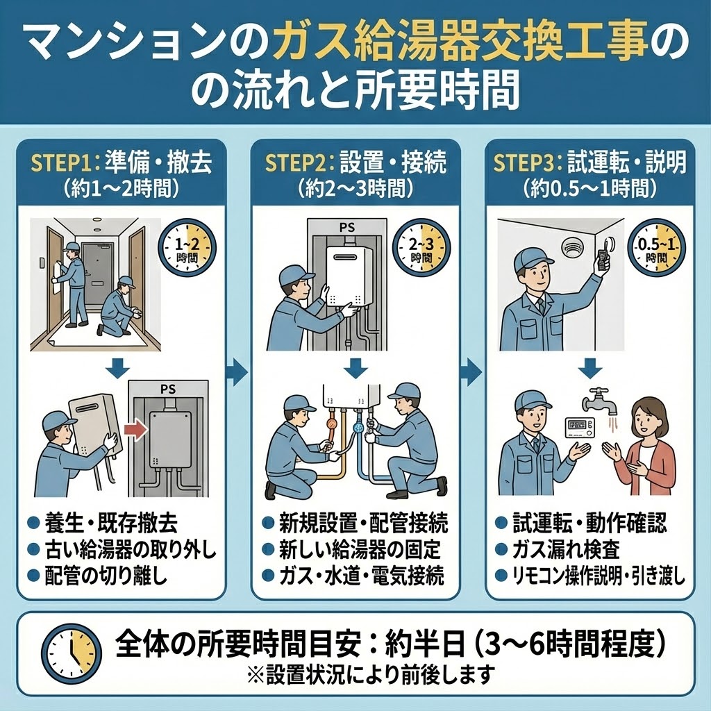 マンションのガス給湯器交換工事の流れと所要時間を3つのステップで解説したイラスト図解。STEP1「準備・撤去（約1～2時間）」では養生や既存撤去、STEP2「設置・接続（約2～3時間）」では新規設置と配管接続、STEP3「試運転・説明（約0.5～1時間）」では動作確認や操作説明を行う様子を図示。全体の所要時間目安は約半日（3～6時間程度）と記載されている。