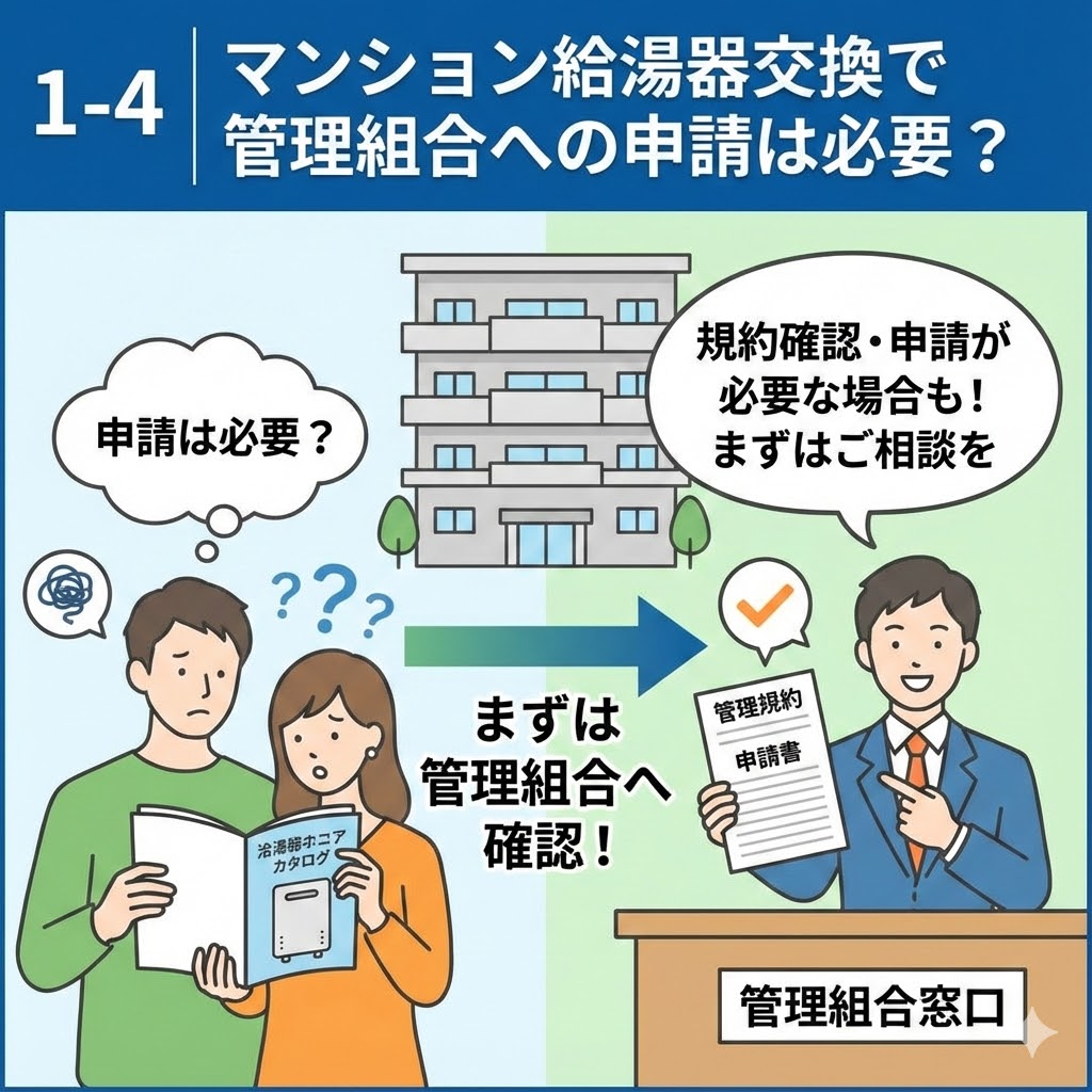 マンションでのガス給湯器交換において、管理組合への申請が必要かどうかを解説するイラスト図解。「申請は必要？」と悩む夫婦に対し、マンション管理組合の窓口で担当者が管理規約の確認や申請書の提出が必要な場合があることを説明し、「まずは管理組合へ確認！」と促している様子を描写。