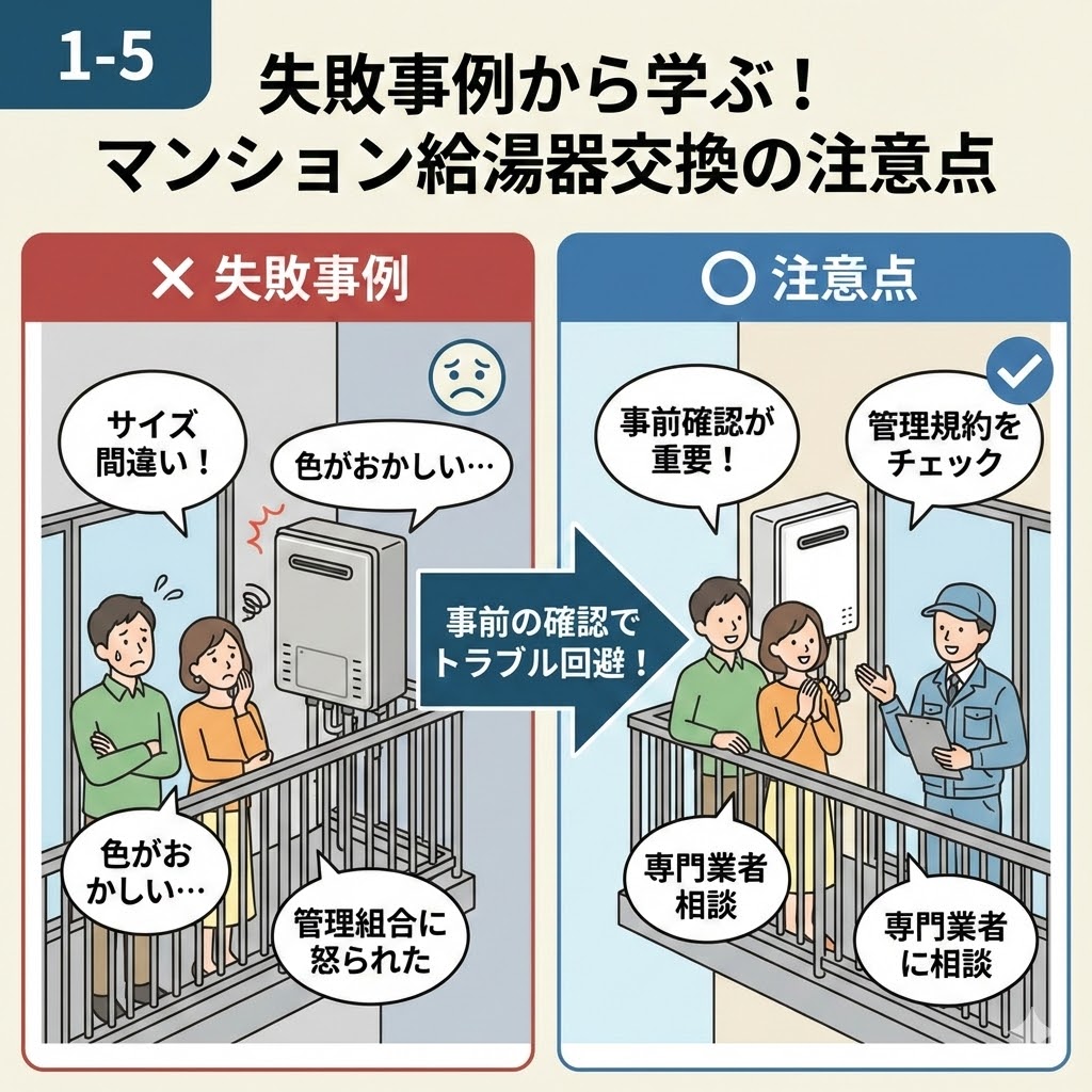 1-5 失敗事例から学ぶ！マンション給湯器交換の注意点の解説イラスト。左側にはサイズ間違いや色違い、管理組合からのクレームといった失敗事例に困る夫婦の様子、右側には事前確認や管理規約のチェック、専門業者への相談といったトラブル回避のための重要な注意点を守り、業者と笑顔で話す様子が対比して描かれている図。