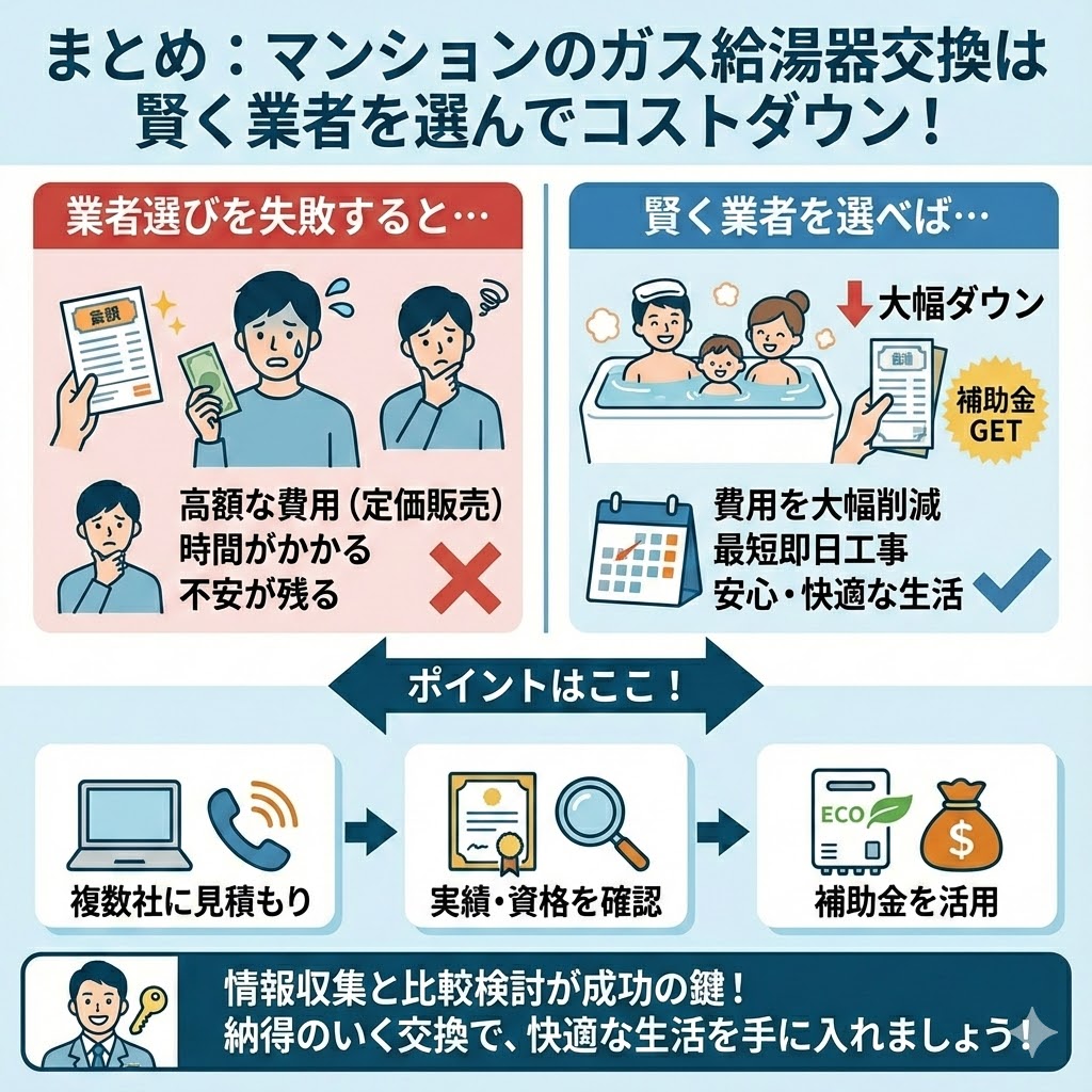 マンションのガス給湯器交換まとめのイラスト図解。「賢く業者を選んでコストダウン！」をテーマに、業者選びに失敗した場合（高額費用、時間がかかる）と、賢く選んだ場合（費用大幅削減、補助金獲得、最短即日工事）を比較。成功のポイントとして「複数社に見積もり」「実績・資格を確認」「補助金を活用」の3点を具体的に挙げ、情報収集と比較検討が快適な生活への鍵であると結論付けている。