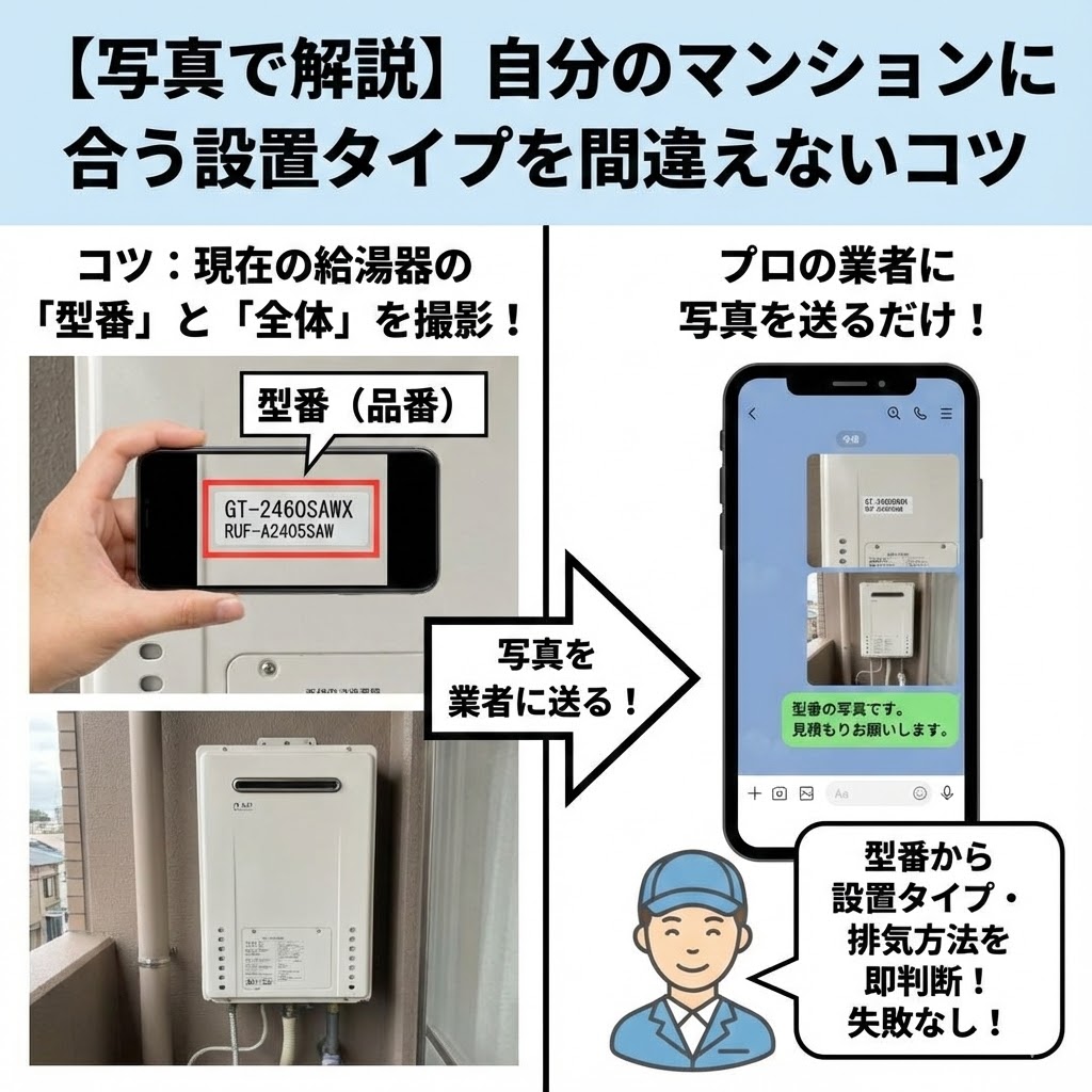 「【写真で解説】自分のマンションに合う設置タイプを間違えないコツ」と題された図解。現在の給湯器の「型番（品番）」のアップ写真と「全体」の写真をスマートフォンで撮影し、それをプロの業者にメッセージアプリで送る手順を解説。業者側は送られた型番写真から設置タイプや排気方法を即座に判断できるため、失敗なく交換できることを作業員のイラストとテキストで示している。