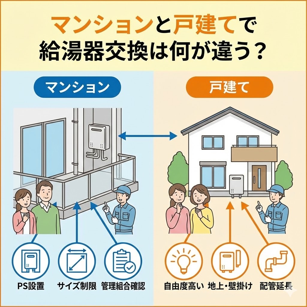 マンションと戸建てで給湯器交換は何が違う？比較イラスト。マンションのPS設置・サイズ制限・管理組合確認と、戸建ての自由度の高さ・地上壁掛け設置・配管延長の違いを図解。