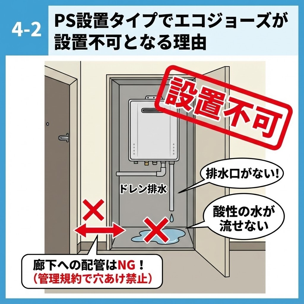 「4-2 PS設置タイプでエコジョーズが設置不可となる理由」の解説イラスト。マンションのパイプスペース（PS）内ではドレン排水の「排水口がない」ため酸性の水を流せず、また管理規約で壁への穴あけが禁止されており「廊下への配管はNG」であることから、結果として「設置不可」となる理由を赤字や×印で強調して図解している。