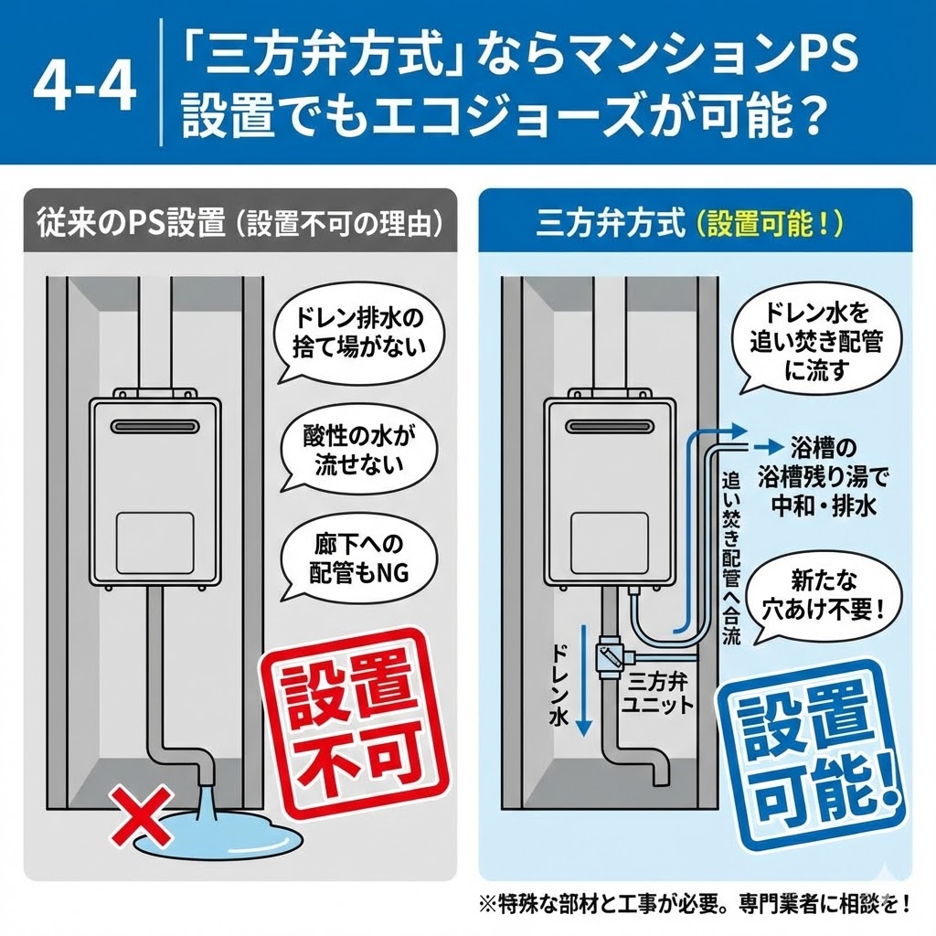 「マンションのPS設置でエコジョーズを導入するための『三方弁方式』の解説図。左側ではドレン排水の捨て場がなく酸性の水が流せないため『設置不可』となる従来の理由を、右側では三方弁ユニットを使ってドレン水を追い焚き配管に流し、浴槽の残り湯で中和・排水することで新たな穴あけ不要で『設置可能』となる仕組みを比較して図解している。」