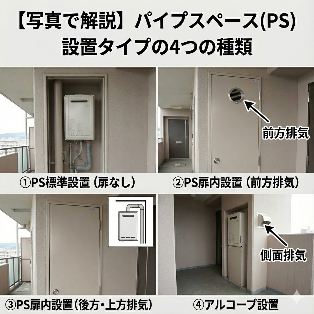 「【写真で解説】パイプスペース（PS）設置タイプの4つの種類」と題された比較画像。扉がなく本体が露出した「①PS標準設置（扉なし）」、扉に排気口の穴がある「②PS扉内設置（前方排気）」、扉が閉まっており図解で後方・上方排気を示す「③PS扉内設置（後方・上方排気）」、玄関脇のくぼみで側面に排気する「④アルコーブ設置」の実際の設置状況を写真と図で解説している。