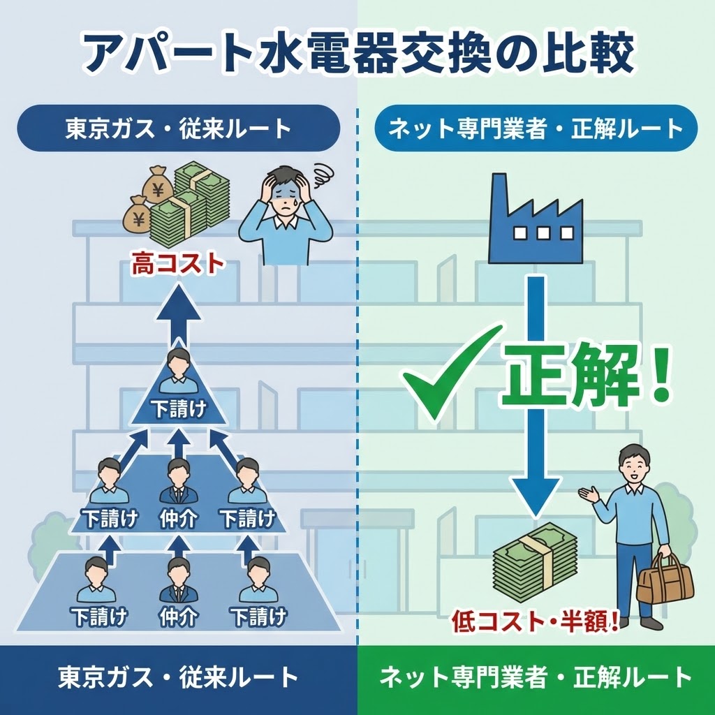 マンション給湯器交換の比較図解。「東京ガス・従来ルート」は多重下請け構造で高コストになり困っている様子。「ネット専門業者・正解ルート」はメーカー直結のシンプルな構造で低コスト・半額になり喜んでいる様子。「正解！」のチェックマークでネット業者が推奨される理由を視覚的に表現。