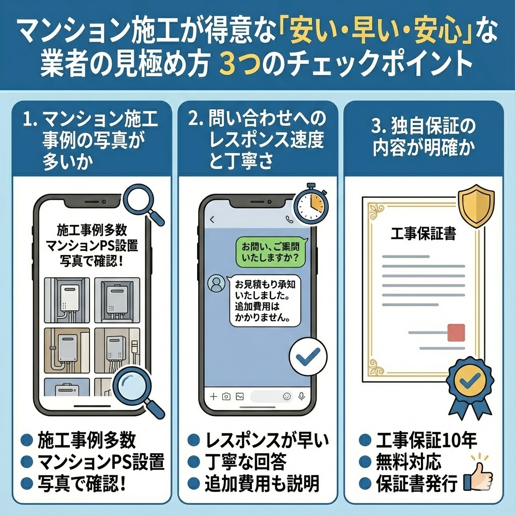 マンション施工が得意な「安い・早い・安心」な業者の見極め方 3つのチェックポイントを図解したイラスト。1つ目は、ホームページにマンションのパイプスペース設置などの施工事例写真が豊富にあるか確認すること。2つ目は、問い合わせに対するレスポンスが早く、追加費用についても丁寧に説明してくれるか確認すること。3つ目は、工事保証10年など、独自の保証内容が明確で保証書が発行されるか確認すること。