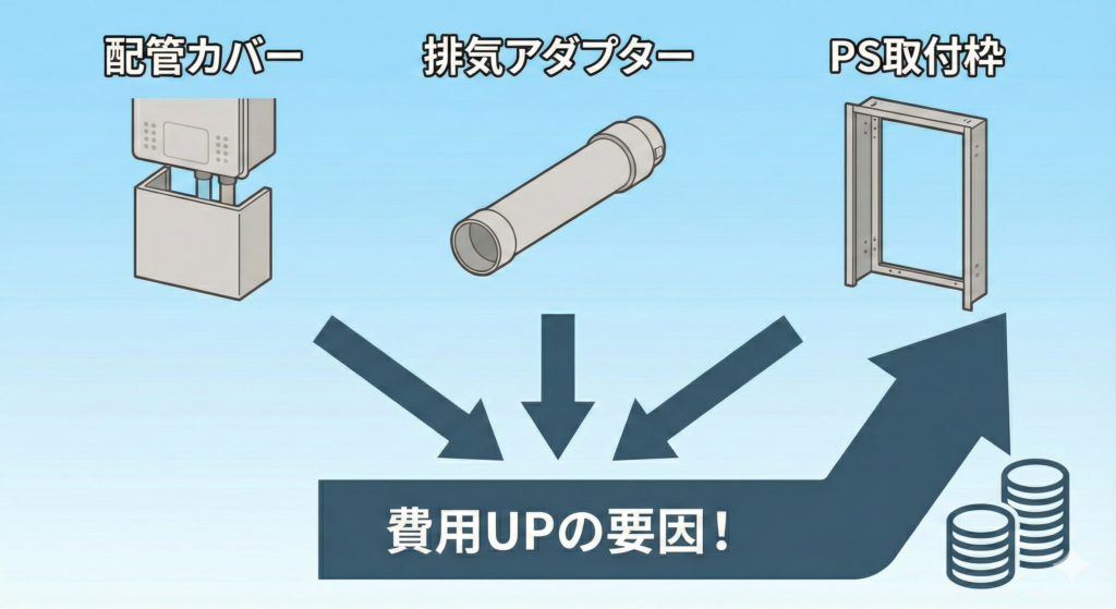 マンション給湯器交換で費用が上がる追加部材の図解：配管カバー、排気アダプター、PS取付枠などの例