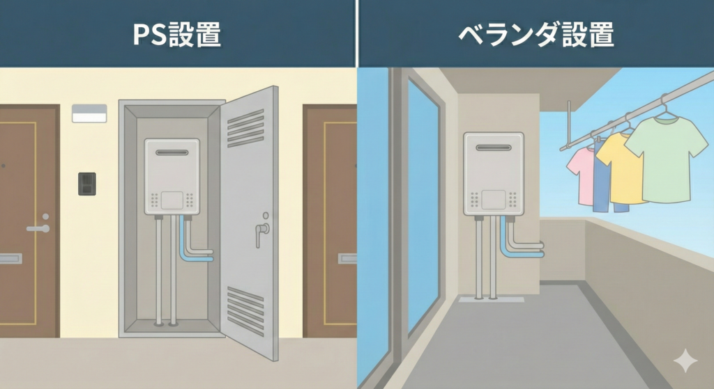 マンション用ガス給湯器の設置場所イラスト：玄関横のPS設置（パイプシャフト）とベランダ壁掛けタイプの違い