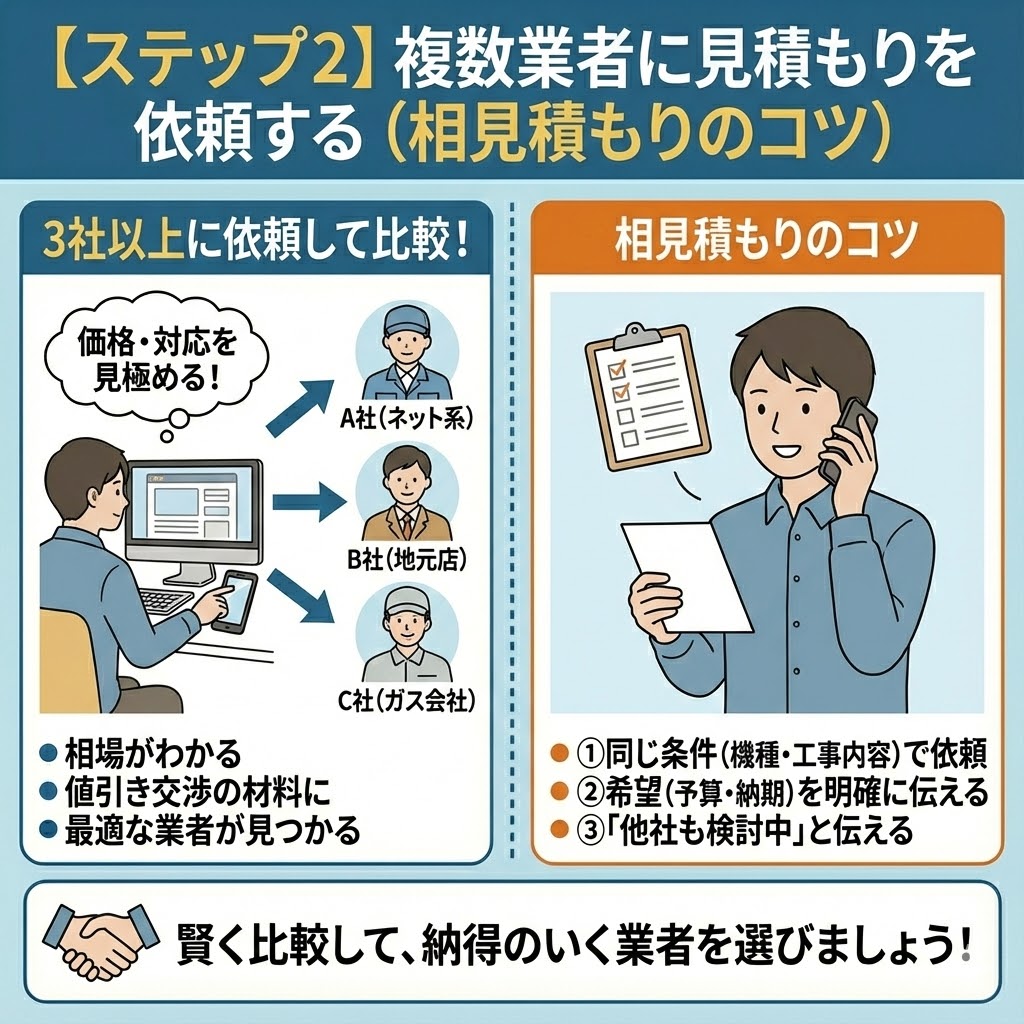 マンションのガス給湯器交換における「【ステップ2】複数業者に見積もりを依頼する（相見積もりのコツ）」を解説したイラスト図解。左側では、ネット系、地元店、ガス会社など3社以上に依頼して価格や対応を比較することで、相場を把握し、値引き交渉の材料とし、最適な業者を見つけるメリットを提示。右側では、相見積もりの具体的なコツとして「①同じ条件（機種・工事内容）で依頼」「②希望（予算・納期）を明確に伝える」「③『他社も検討中』と伝える」の3点を挙げ、賢く比較して納得のいく業者を選ぶよう促している。