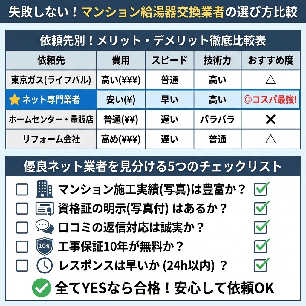 失敗しないマンション給湯器交換業者の選び方をまとめた図解画像。上部の比較表では、東京ガス、ネット専門業者、ホームセンター、リフォーム会社を費用・スピード・技術力で比較し、ネット専門業者が「安い・早い・技術高い」で「コスパ最強」と評価されている。下部の5つのチェックリストでは、優良ネット業者を見分けるポイントとして「マンション施工実績の豊富さ」「写真付き資格証の明示」「口コミ返信の誠実さ」「無料の10年工事保証」「24時間以内のレスポンス」を挙げ、全てYESなら合格で安心して依頼できると説明している。