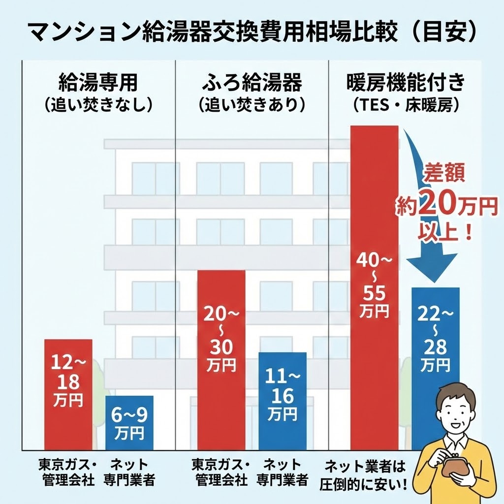 マンション給湯器交換費用相場比較（目安）の棒グラフイラスト。給湯専用、ふろ給湯器、暖房機能付き（TES）の3タイプ別に、東京ガス・管理会社（赤色バー）とネット専門業者（青色バー）の概算費用を比較。全てのタイプでネット業者が安く、特に暖房機能付きでは「差額約20万円以上！」と大きく強調され、「ネット業者は圧倒的に安い！」という結論と財布を持つ男性が描かれている。