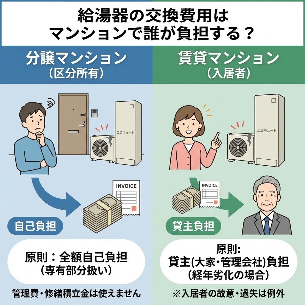 マンションの給湯器交換費用は誰が負担する？分譲マンション（区分所有者の自己負担）と賃貸マンション（原則大家・管理会社負担）の違いを比較解説したイラスト