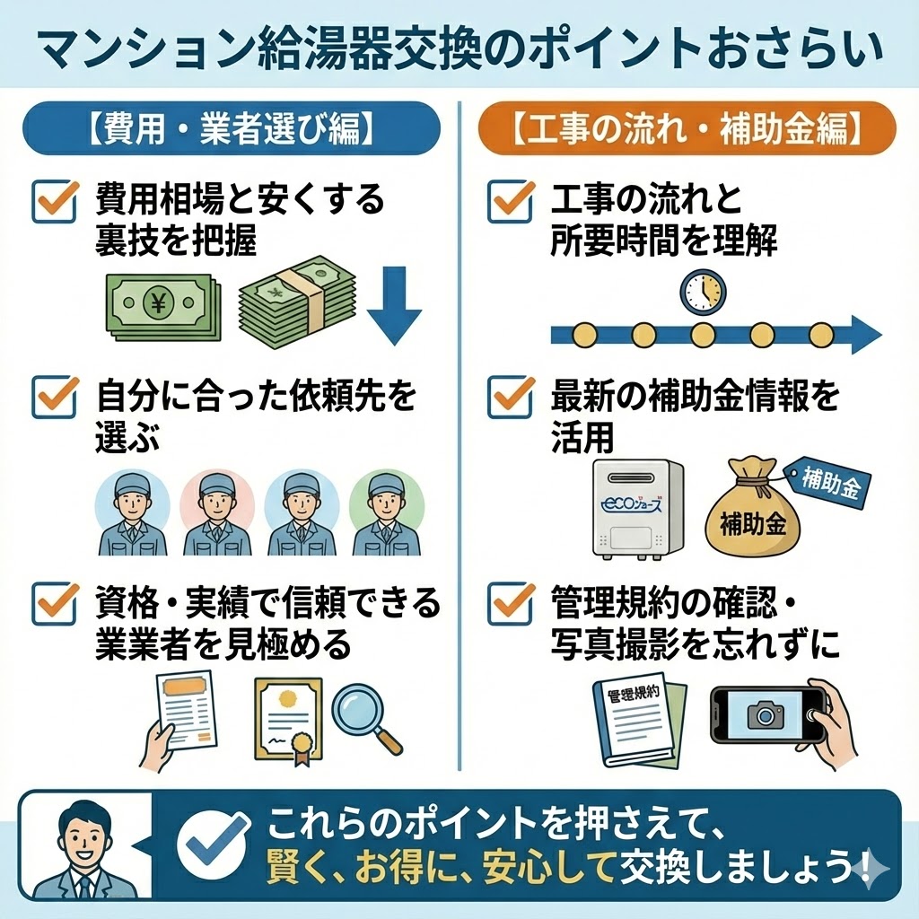 マンション給湯器交換の重要ポイントをまとめたイラスト図解。【費用・業者選び編】では、費用相場と安くする裏技の把握、依頼先選び、資格・実績の確認を推奨。【工事の流れ・補助金編】では、工事の流れと所要時間の理解、最新補助金の活用、管理規約確認と写真撮影をリストアップ。これらのポイントを押さえて、賢く、お得に、安心して交換することを促すまとめ画像。
