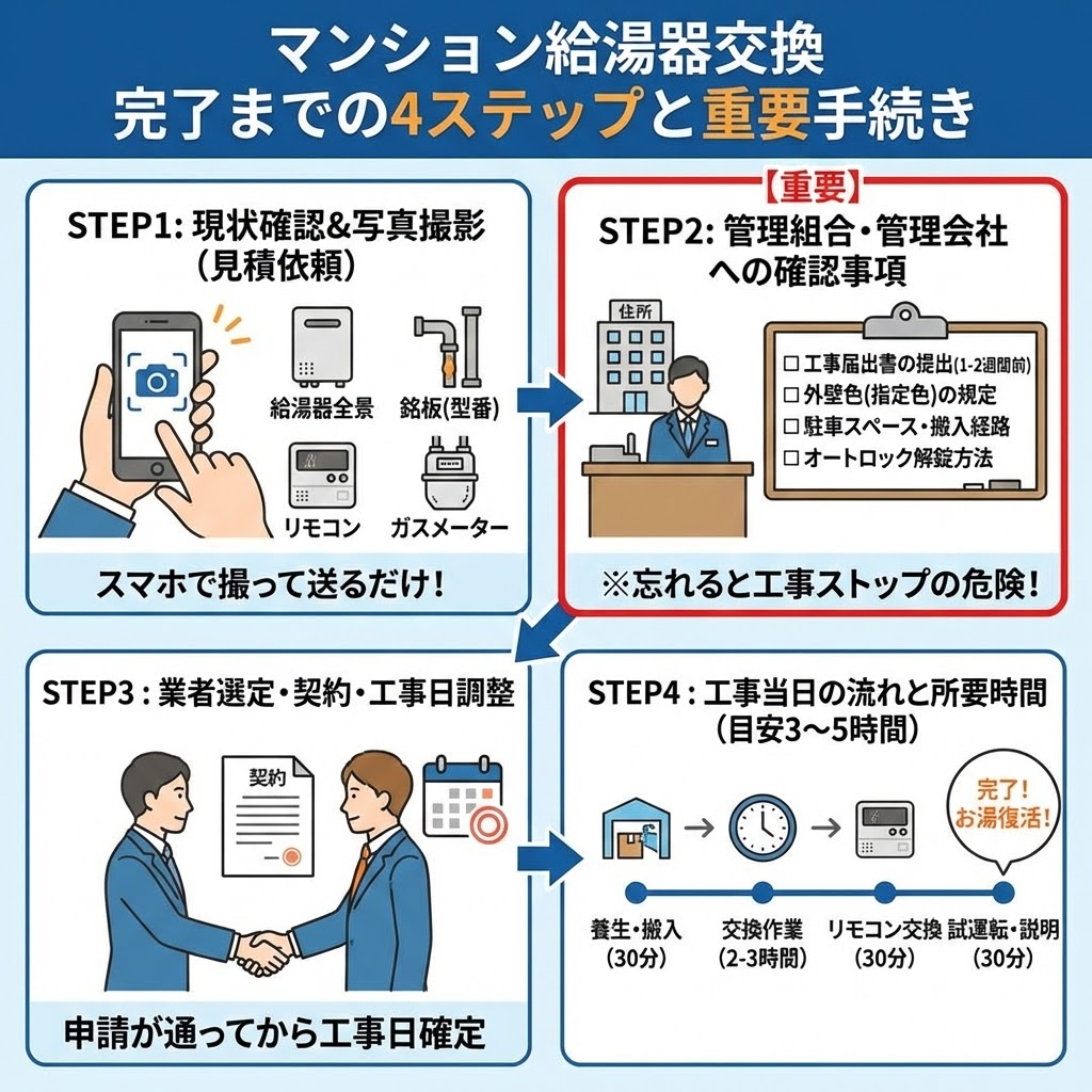 マンションで給湯器を交換するまでの流れを4ステップで解説した図解フローチャート。STEP1の現状写真撮影、STEP2の【重要】管理組合・管理会社への確認事項（工事届、指定色、駐車場所など）、STEP3の業者選定・契約、STEP4の工事当日の所要時間と流れをイラストとテキストで分かりやすく示している。
