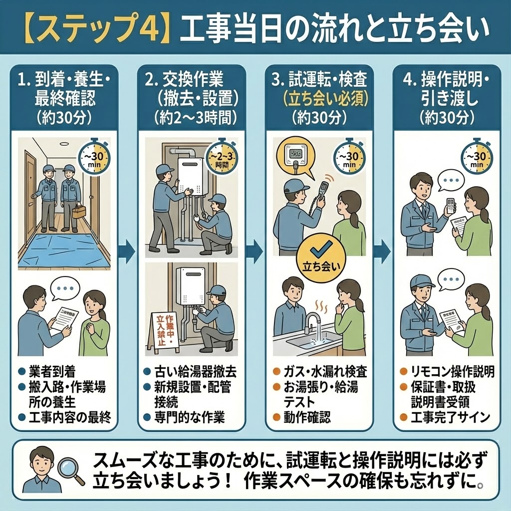 マンションのガス給湯器交換における「【ステップ4】工事当日の流れと立ち会い」を4つの段階で解説したイラスト図解。1.到着・養生・最終確認、2.交換作業（撤去・設置）、3.試運転・検査（立ち会い必須）、4.操作説明・引き渡しという当日の進行フローと、各工程の所要時間目安を図示。スムーズな工事のために、特に試運転と操作説明時には居住者の立ち会いが必須であることを強調する内容となっている。