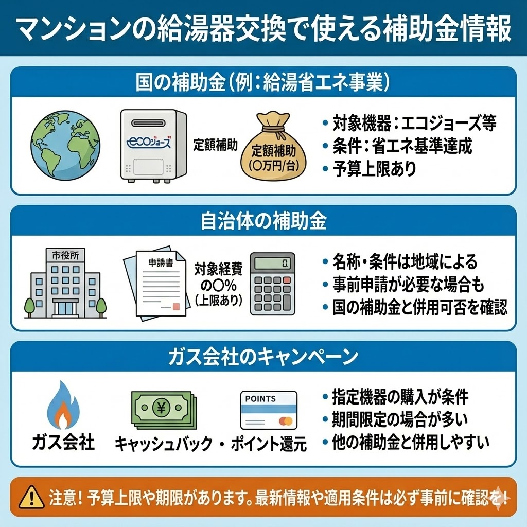 マンションの給湯器交換で使える補助金情報をまとめたイラスト図解。国の補助金（例：給湯省エネ事業、エコジョーズ対象の定額補助）、自治体の補助金（地域により名称・条件が異なり事前申請が必要な場合もある）、ガス会社のキャンペーン（キャッシュバックやポイント還元、指定機器・期間限定）の3種類の特徴と注意点を比較紹介している。予算上限や期限があるため、最新情報や適用条件を必ず事前に確認するよう促すメッセージも記載されている。