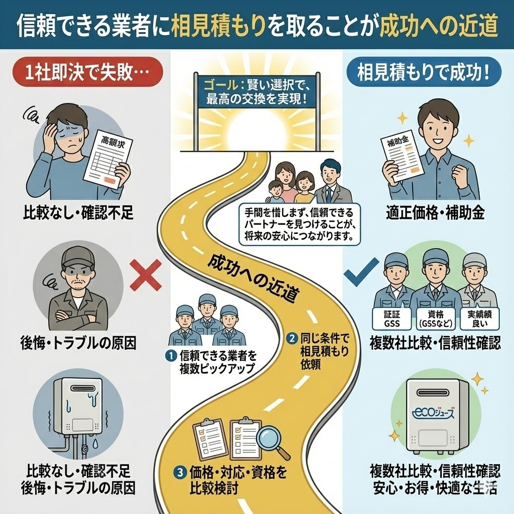 マンション給湯器交換で成功するための近道として、信頼できる業者への相見積もりの重要性を比較したイラスト図解。左側の「1社即決で失敗」ルートでは高額請求やトラブルに陥るリスクを、右側の「相見積もりで成功」ルートでは適正価格・補助金活用で安心・お得・快適な生活を手に入れる様子を図示。中央の「成功への近道」では、信頼できる業者ピックアップ、同条件での見積依頼、価格・対応・資格の比較検討という3ステップを具体的に示し、賢い選択が将来の安心につながると強調している。