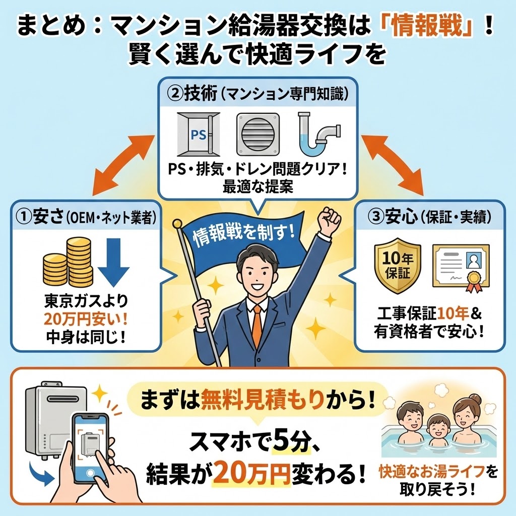 マンション給湯器交換のまとめ図解。「情報戦を制す！」と旗を振る専門家を中心に、賢く選ぶための3つのポイント「①安さ（OEM・ネット業者で20万円節約）」「②技術（PS・排気・ドレン問題の解決）」「③安心（10年保証と有資格者）」をイラストで解説。下部では「まずは無料見積もりから！スマホで5分」と次のアクションを促し、快適なお湯ライフを取り戻す家族の様子を描いている。