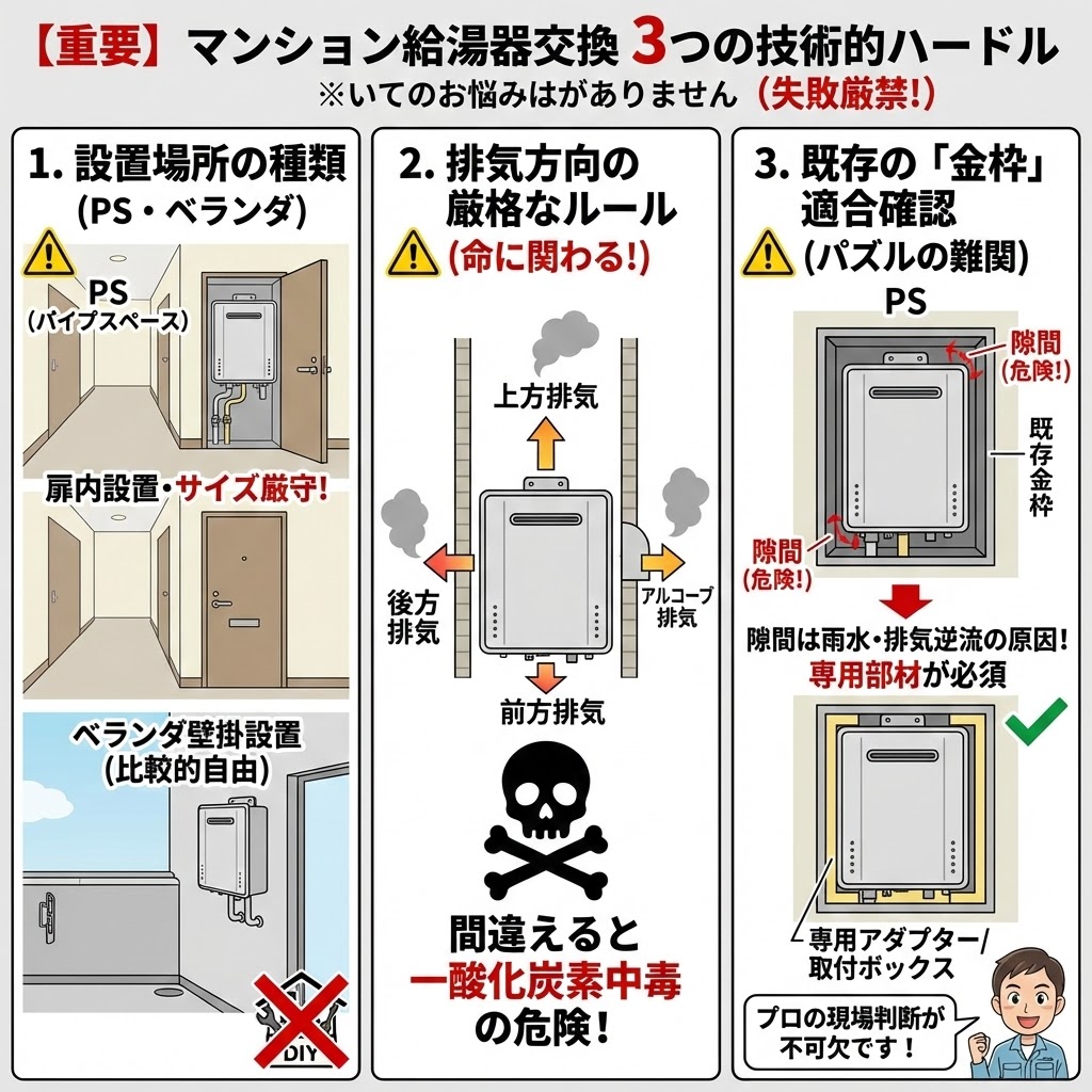 【重要】マンション給湯器交換における3つの技術的ハードルと失敗厳禁の理由を解説した図解イラスト。1. 設置場所の種類（PS扉内設置のサイズ厳守、ベランダ壁掛設置）、2. 排気方向の厳格なルール（前方・後方・上方・アルコーブ排気の違いと一酸化炭素中毒の危険性）、3. 既存の金枠適合確認（隙間による雨水・排気逆流の危険と専用アダプターの必要性）を警告アイコンと共に視覚的に説明。DIYは危険であり、プロの現場判断が不可欠であることを強調している。