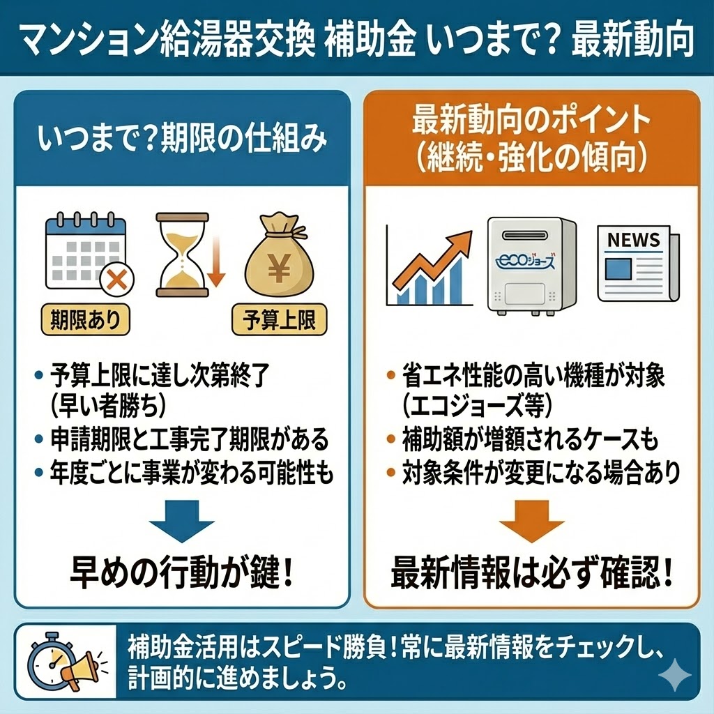 マンション給湯器交換の補助金期限と最新動向を解説したイラスト図解。左側で「いつまで？期限の仕組み」として予算上限による早期終了（早い者勝ち）や申請期限があることを説明し、早めの行動を推奨。右側で「最新動向のポイント」としてエコジョーズ等の省エネ機種が対象となる継続・強化傾向や条件変更の可能性を挙げ、最新情報の確認を促している。全体として、補助金活用はスピード勝負であり計画的な進行が重要であると結論付けている。