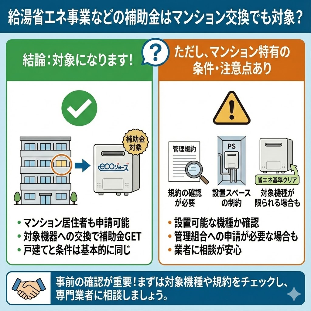 給湯省エネ事業などの補助金がマンションの給湯器交換でも対象になるかを解説したイラスト図解。左側では「結論：対象になります！」として、マンション居住者も申請可能でエコジョーズ等への交換で補助金が得られることを説明。右側では「ただし、マンション特有の条件・注意点あり」として、管理規約の確認、設置スペース（PS）の制約、対象機種が限られる場合があることを警告している。最終的に、事前の機種や規約確認と専門業者への相談を推奨している。