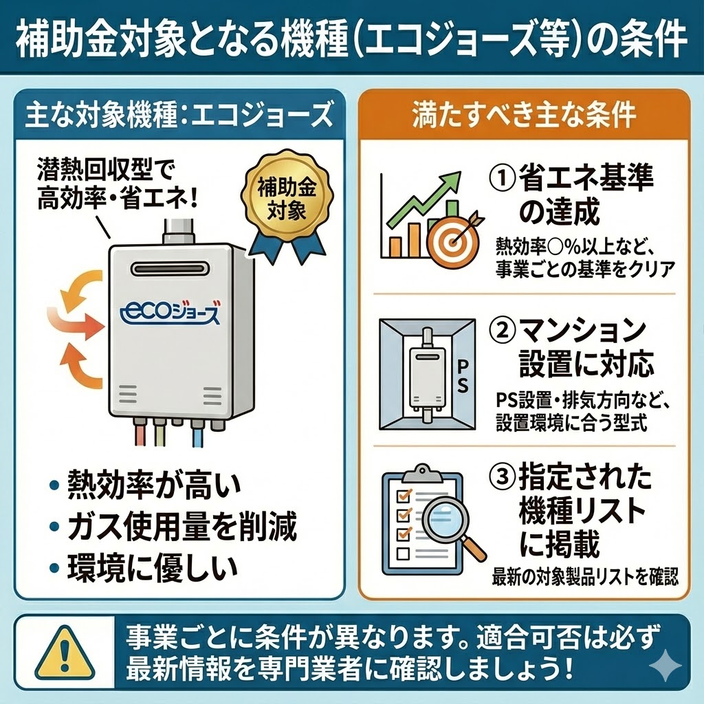 マンション給湯器交換で補助金対象となる機種（エコジョーズ等）の条件を解説したイラスト図解。主な対象である高効率・省エネなエコジョーズの特徴と、満たすべき主な条件（①省エネ基準の達成、②マンション設置への対応、③指定された機種リストへの掲載）の3点を図示。事業ごとの条件の違いに注意し、最新情報を専門業者に確認するよう促している。