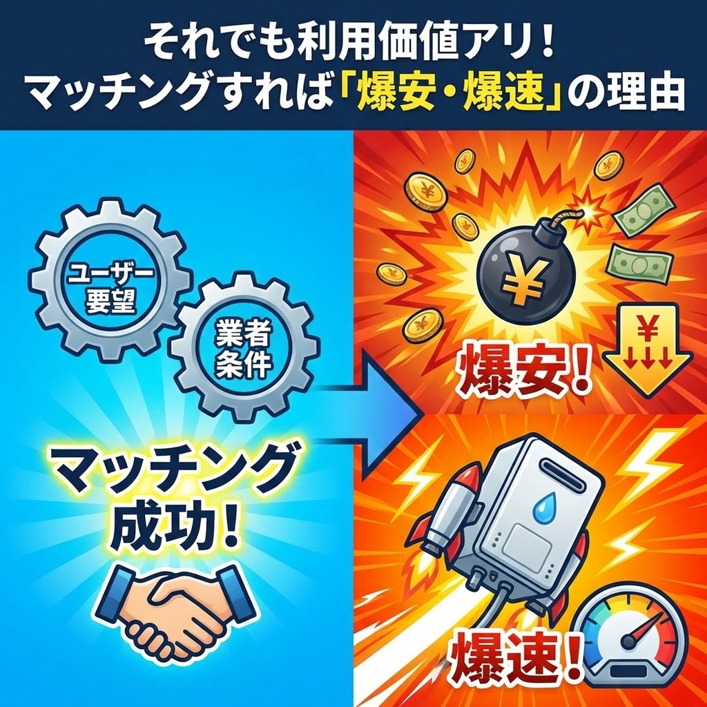 ブログ記事「3-3. それでも利用価値アリ！マッチングすれば『爆安・爆速』の理由」の解説図。ユーザーと業者の条件が合致（マッチング成功）することで、驚異的な安さ（爆安）とスピード（爆速）が実現するメカニズムを、歯車、爆弾、ロケット給湯器のイラストで視覚的に説明。