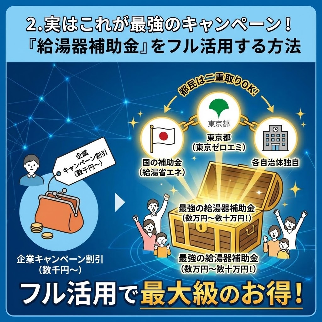 「実はこれが最強のキャンペーン！給湯器補助金をフル活用する方法」の図解インフォグラフィック。左側の小さな財布で表される数千円程度の「企業キャンペーン割引」と、右側の光る宝箱から飛び出す数万円～数十万円規模の「最強の給湯器補助金」を対比。宝箱には「国の補助金（給湯省エネ）」「東京都（東京ゼロエミ）」「各自治体独自」のアイコンがあり、「都民は二重取りOK！」と強調されている。これらをフル活用して最大級にお得になる様子を喜ぶ家族のイラストで表現。