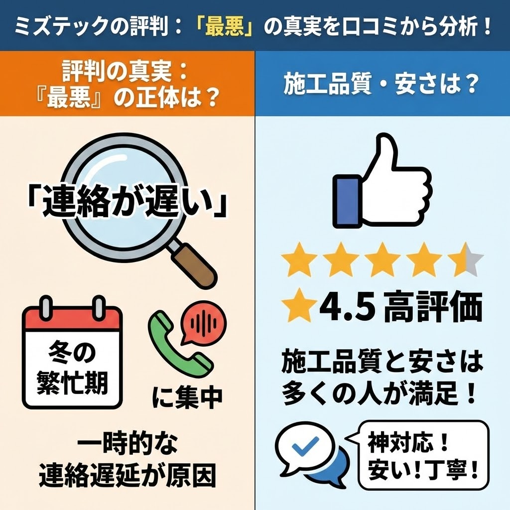 ミズテックの評判：「最悪」の真実を口コミから分析！のインフォグラフィック。左側（オレンジ）は「評判の真実：『最悪』の正体は？」として、悪い口コミである「連絡が遅い」は「冬の繁忙期に集中」した「一時的な連絡遅延が原因」であることを図解 。右側（青）は「施工品質・安さは？」として、実際は「★4.5 高評価」であり、「施工品質と安さは多くの人が満足！」しており、「神対応！安い！丁寧！」といった良い口コミが多いことを示している 。