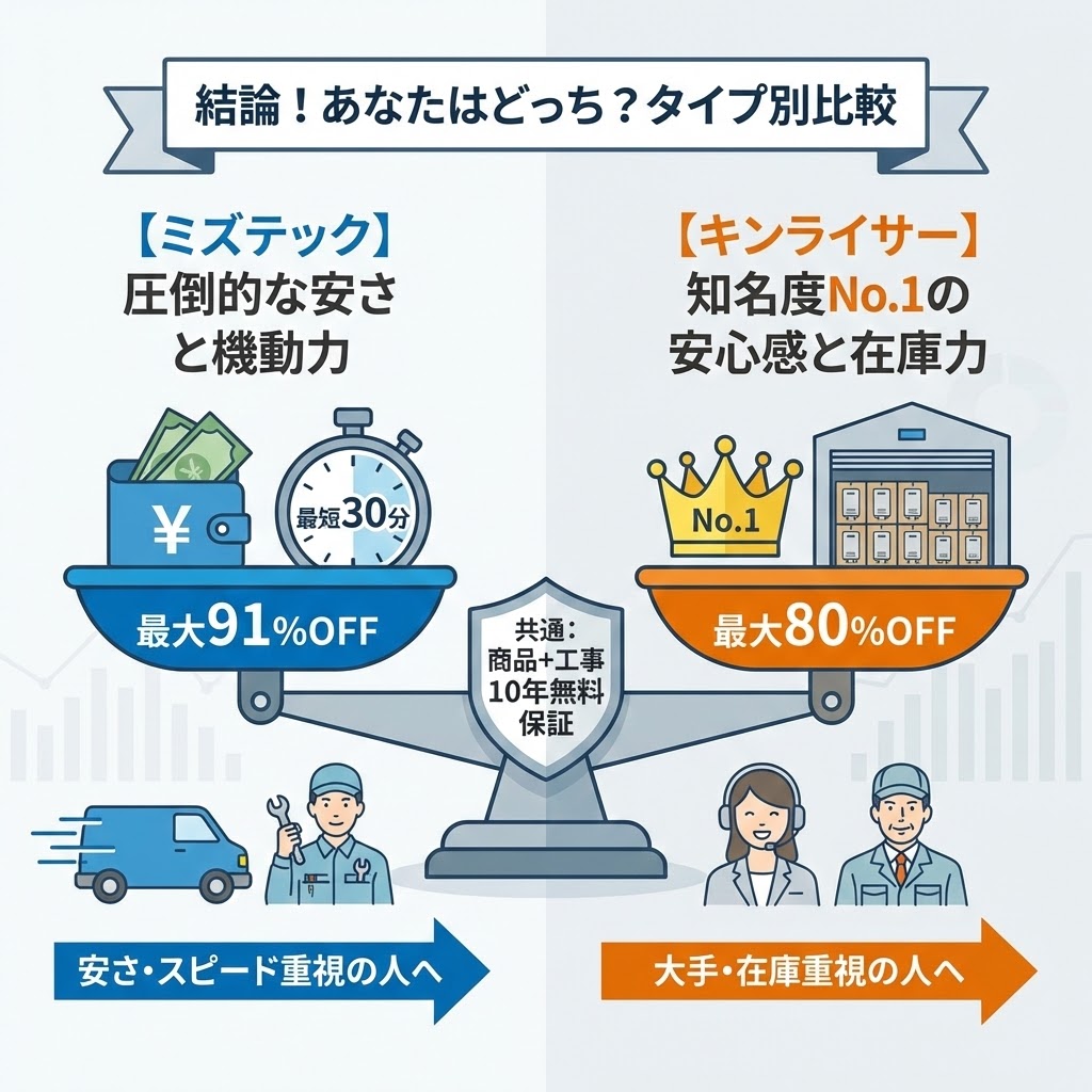 【結論】ミズテックとキンライサーのタイプ別比較インフォグラフィック。天秤の左側は「圧倒的な安さと機動力（最大91%OFF・最短30分）」で安さ・スピード重視の人向け、右側は「知名度No.1の安心感と在庫力（最大80%OFF）」で大手・在庫重視の人向けであることを図解。中央には共通の「商品+工事10年無料保証」を記載。