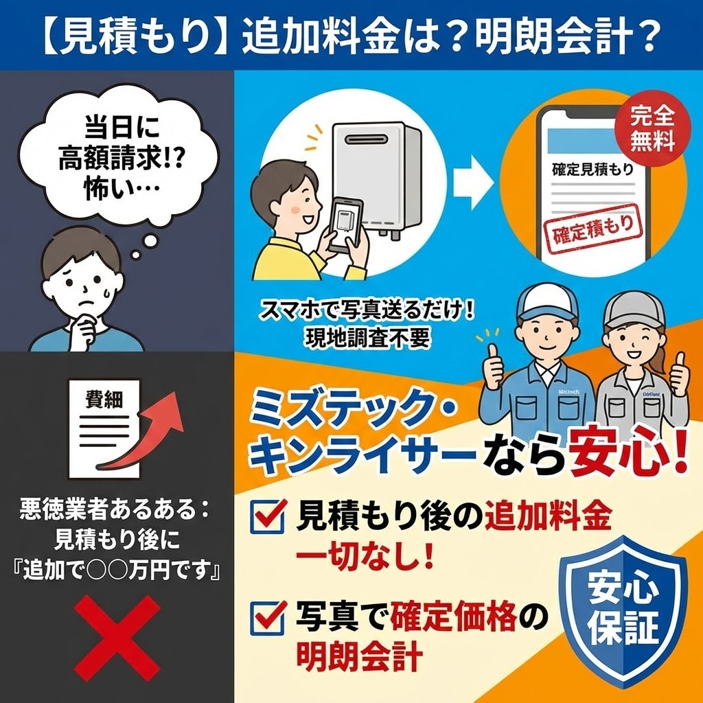 【見積もり】追加料金は発生する？明朗会計なのは？の解説インフォグラフィック。左側では、悪徳業者による「当日に高額請求!?怖い…」「見積もり後に『追加で〇〇万円です』」という不安な事例をバツ印で否定。右側では、スマホで写真を送るだけで「完全無料 確定見積もり」が取れる流れを図解し、ミズテック・キンライサーなら「見積もり後の追加料金一切なし！」「写真で確定価格の明朗会計」で安心であることをチェックマークと安心保証アイコンで強調している。これは両社が現地調査なしの写真見積もりで確定価格を提示することを示している 。