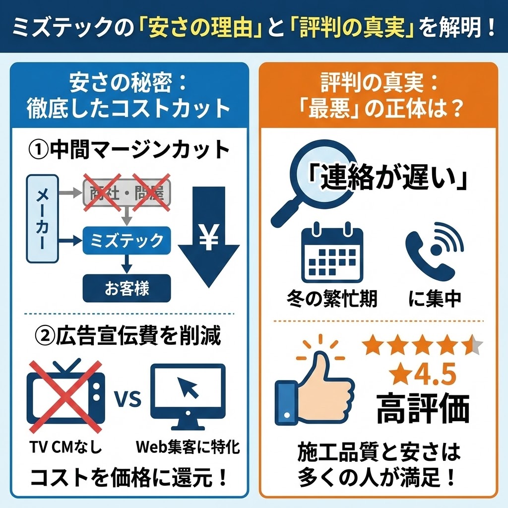 ミズテックの「安さの理由」と「評判の真実」を解明するインフォグラフィック。左側（青）は「安さの秘密：徹底したコストカット」を図解し、「①中間マージンカット（メーカー直仕入れ）」「②広告宣伝費を削減（TV CMなし、Web集客特化）」によりコストを価格に還元している仕組みを説明。右側（オレンジ）は「評判の真実：『最悪』の正体は？」を図解し、「連絡が遅い」という口コミは「冬の繁忙期に集中」していること、そして全体的には「★4.5高評価」で「施工品質と安さは多くの人が満足」していることを示している 。
