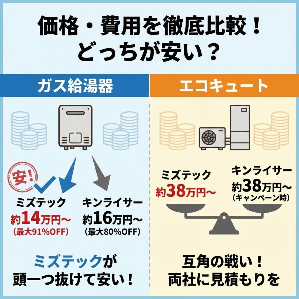「価格・費用を徹底比較！どっちが安い？」の比較インフォグラフィック。左側の「ガス給湯器」では、ミズテック（約14万円〜・最大91%OFF）がキンライサー（約16万円〜・最大80%OFF）より「頭一つ抜けて安い」ことを矢印と「安！」マークで図解。右側の「エコキュート」では、ミズテック（約38万円〜）とキンライサー（約38万円〜・キャンペーン時）が天秤で釣り合っており、「互角の戦い！両社に見積もりを」と推奨している 。