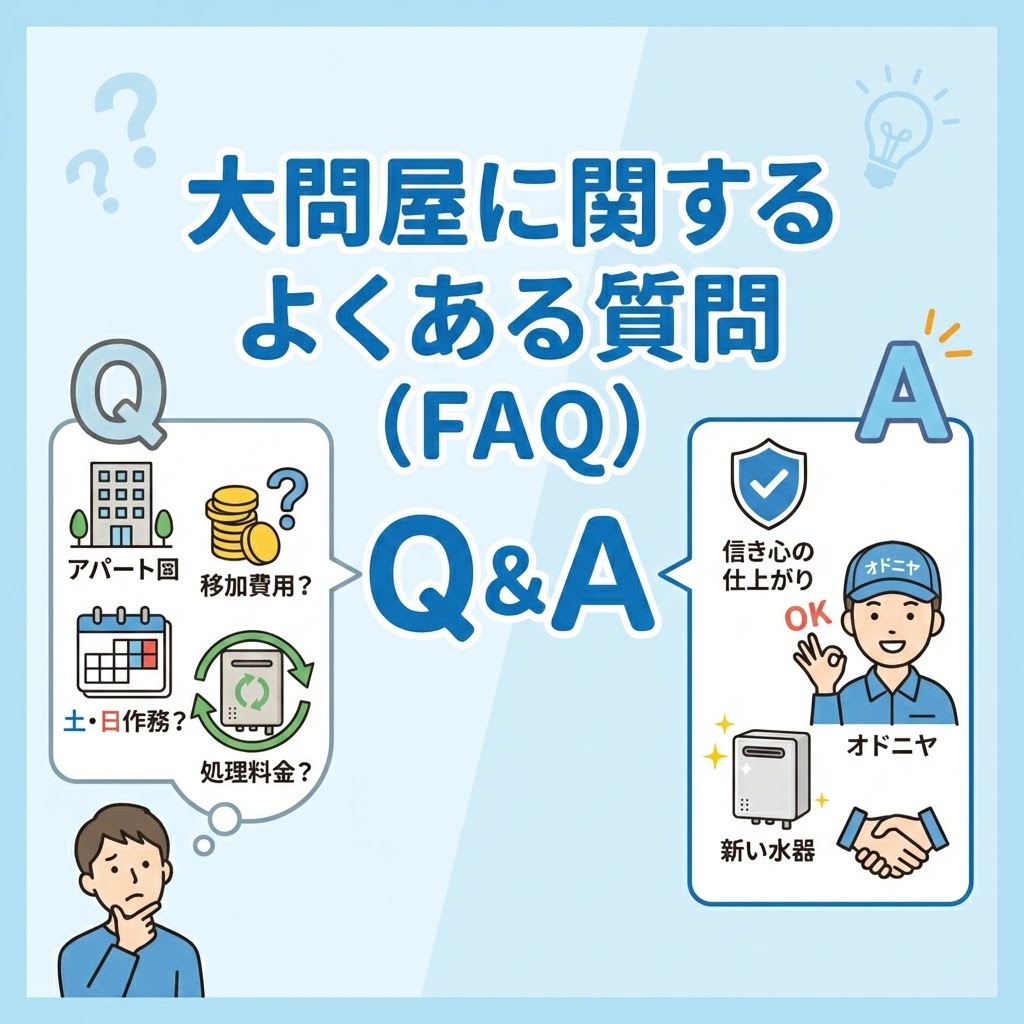 大問屋に関するよくある質問(FAQ)のイメージイラスト。左側の「Q」にはアパート対応や追加費用、土日作業について悩むユーザー、右側の「A」には大問屋のスタッフが笑顔で信頼できる対応を約束する様子がアイコンを用いたQ&A形式で分かりやすく描かれている。