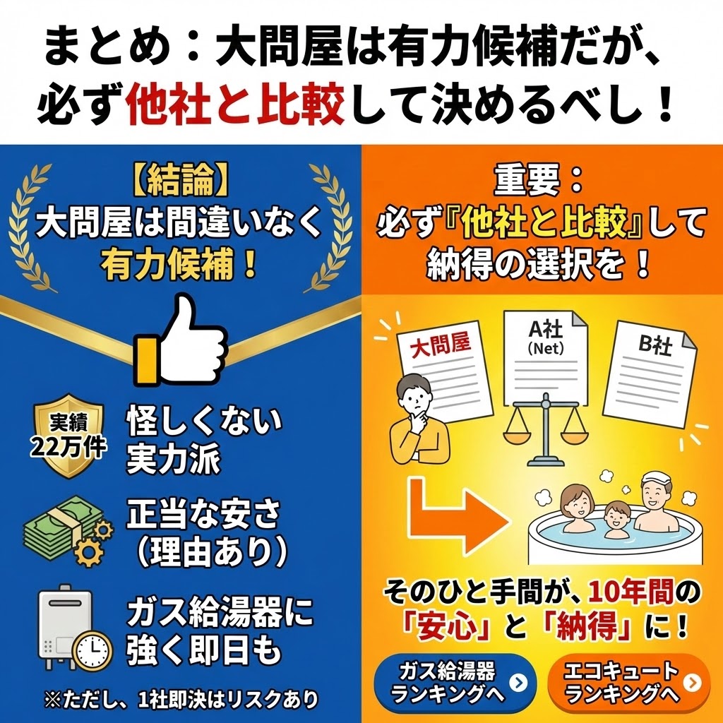 大問屋の評判と給湯器交換に関する記事の最終まとめ図解。左側で「大問屋は間違いなく有力候補」として22万件の実績、正当な安さ、ガス給湯器への強さを評価しつつ1社即決のリスクを指摘。右側で「重要：必ず他社と比較して納得の選択を！」と強調し、複数社の見積もりを天秤にかける手間が10年間の安心につながると解説。最終的に業者ランキングでの比較検討を促すイラスト。