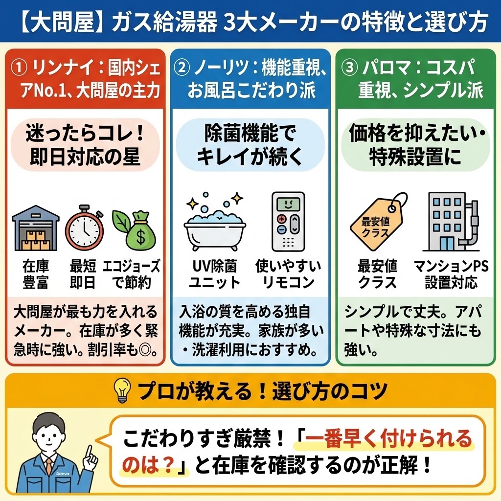 大問屋で取り扱うガス給湯器の3大メーカー（リンナイ、ノーリツ、パロマ）それぞれの特徴（シェアNo.1、機能重視、コスパ重視）と、プロが教える賢い選び方（在庫状況の確認が重要）を解説した比較図解イラスト