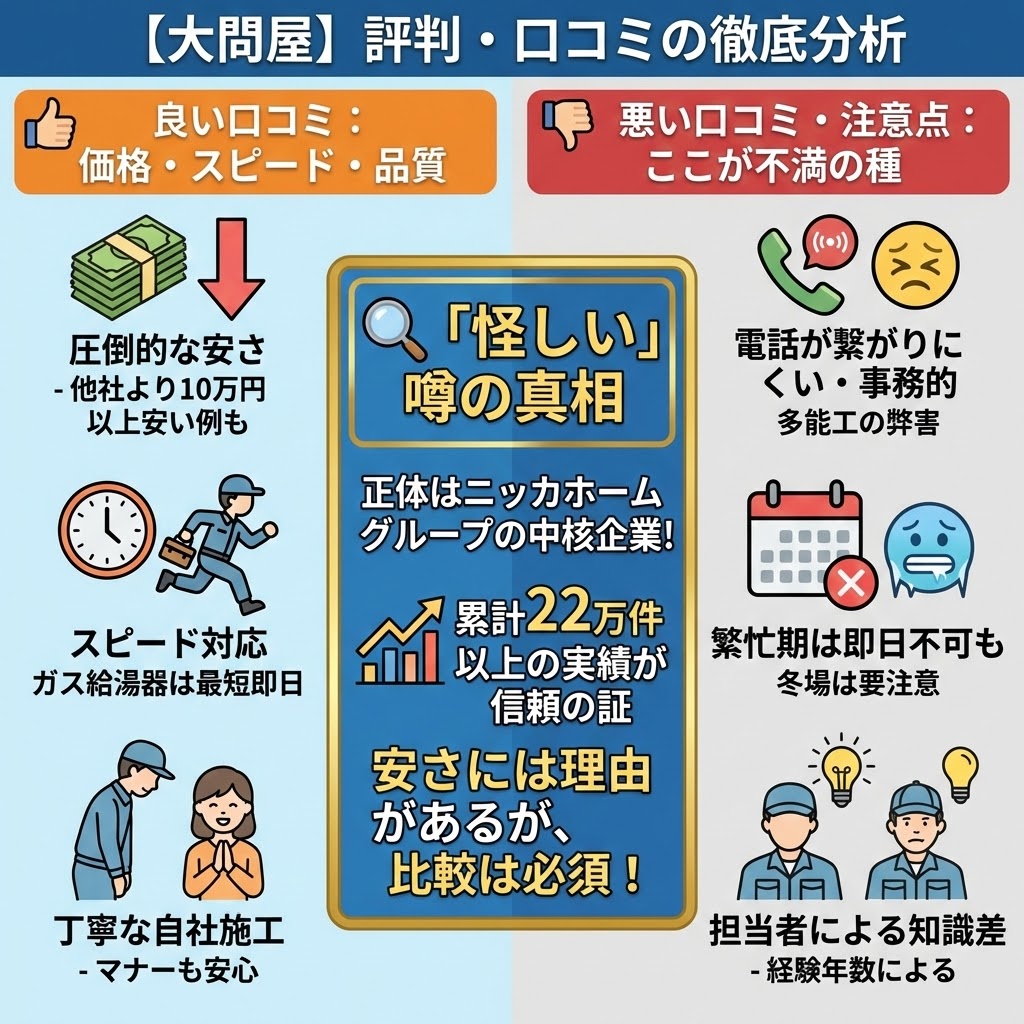大問屋の給湯器・エコキュート交換に関する良い評判（価格の安さ・スピード対応）と悪い口コミ（電話の繋がりにくさ・担当者の知識差）を徹底分析し、『怪しい』という噂の真相とニッカホームグループの実績を図解したイラスト