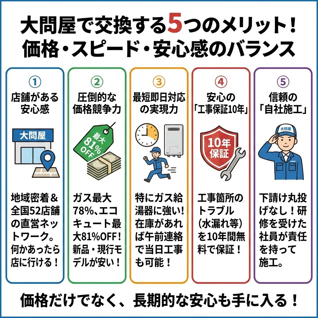 大問屋で給湯器・エコキュートを交換する5つのメリット（実店舗の安心感、最大81%OFFの価格競争力、最短即日対応、10年間の工事保証、完全自社施工）を、価格・スピード・安心感のバランスとして図解したイラスト