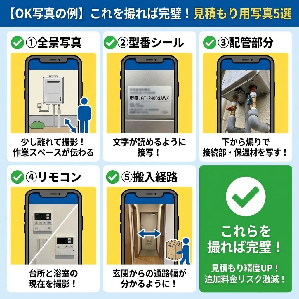 【OK写真の例】これを撮れば完璧！見積もり用写真5選の図解。①全景写真（少し離れて撮影）、②型番シール（接写）、③配管部分（下から煽り）、④リモコン（台所と浴室）、⑤搬入経路（通路幅が分かるように）の5枚の撮影ポイントをスマホ画面のイラストで具体的に示し、これらの写真で見積もり精度が上がり、追加料金リスクが激減することを強調している。